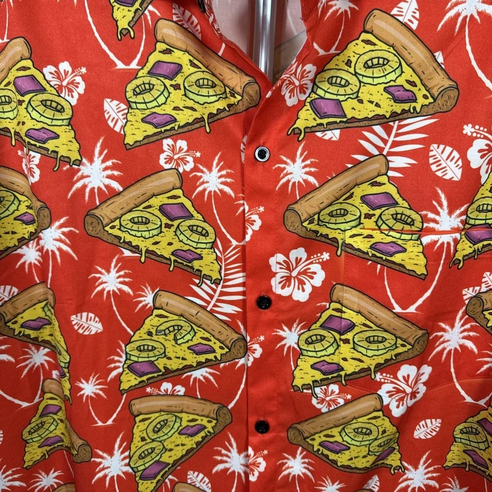 Funny Guy FG Floral Hawaiian Pizza Red Collared Button Down‎ Shirt Men's XL - Picture 3 of 7